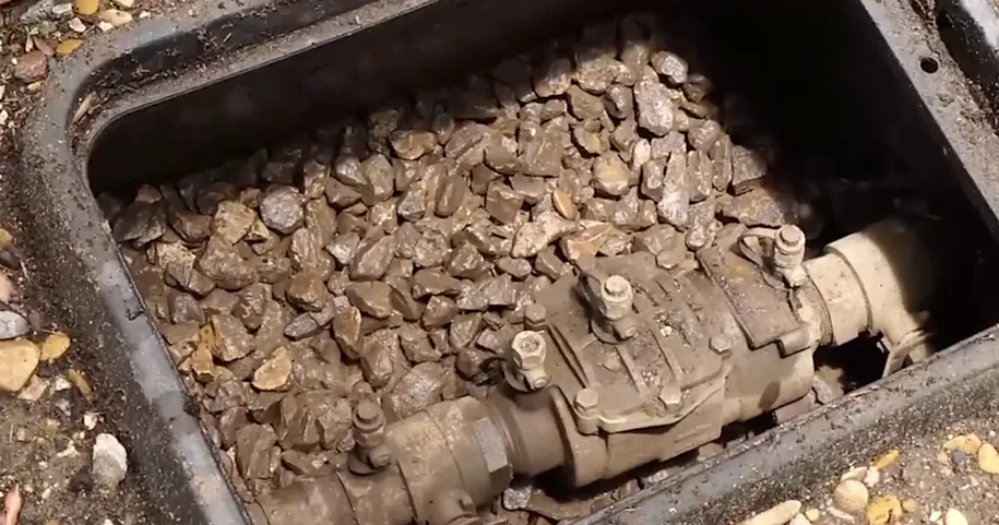 Backflow preventer and valves in a buried box on a rural property